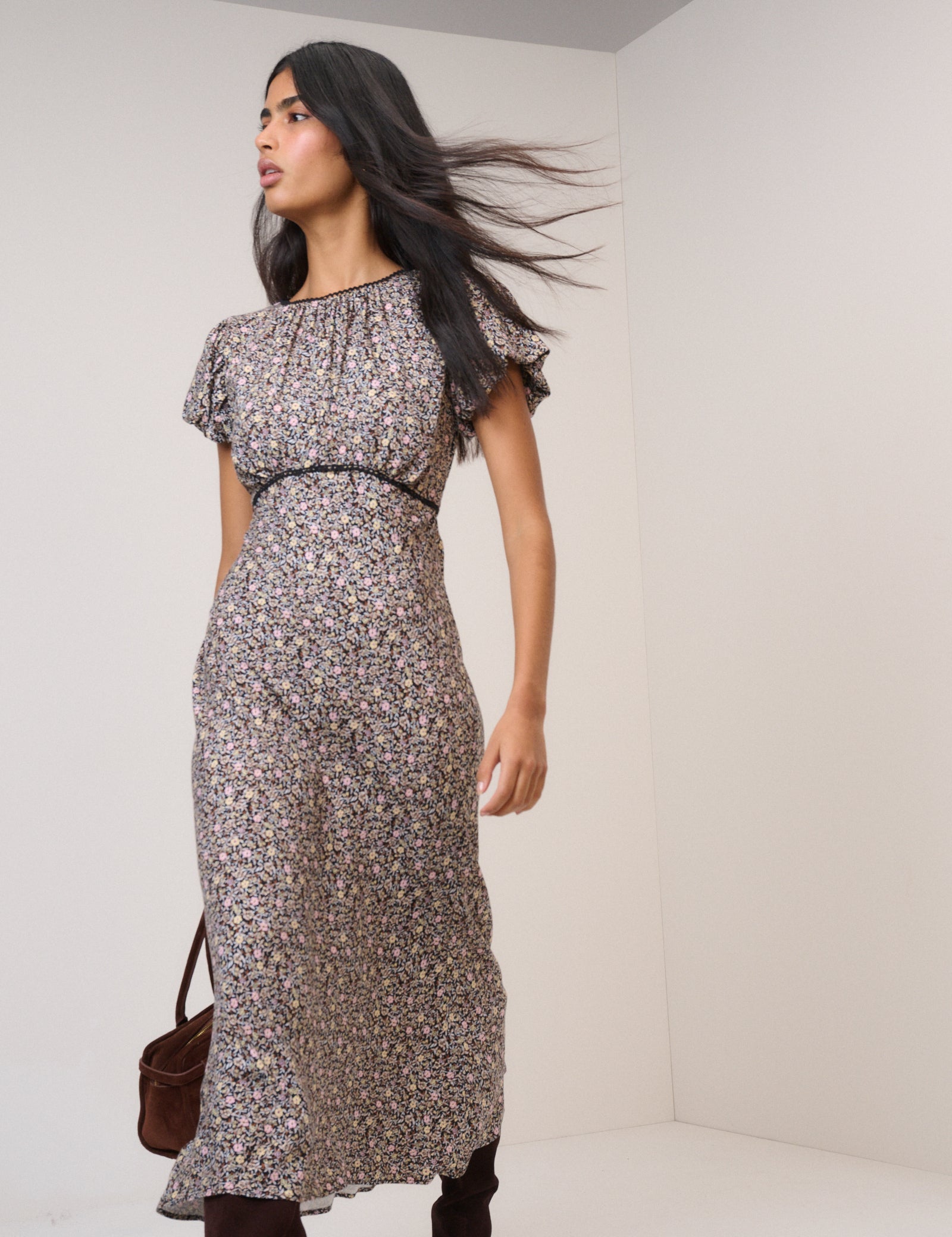 Black Floral Sicily Midi Dress Puff Sleeve