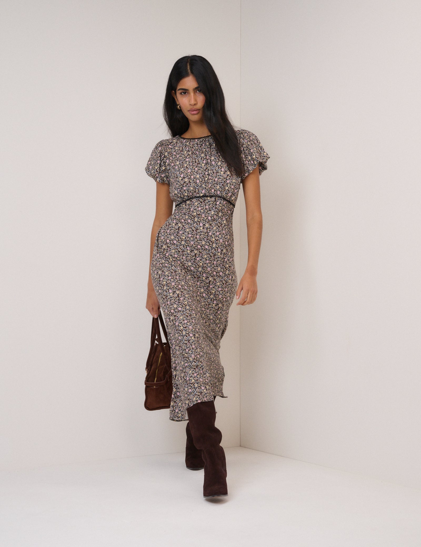 Black Floral Sicily Midi Dress