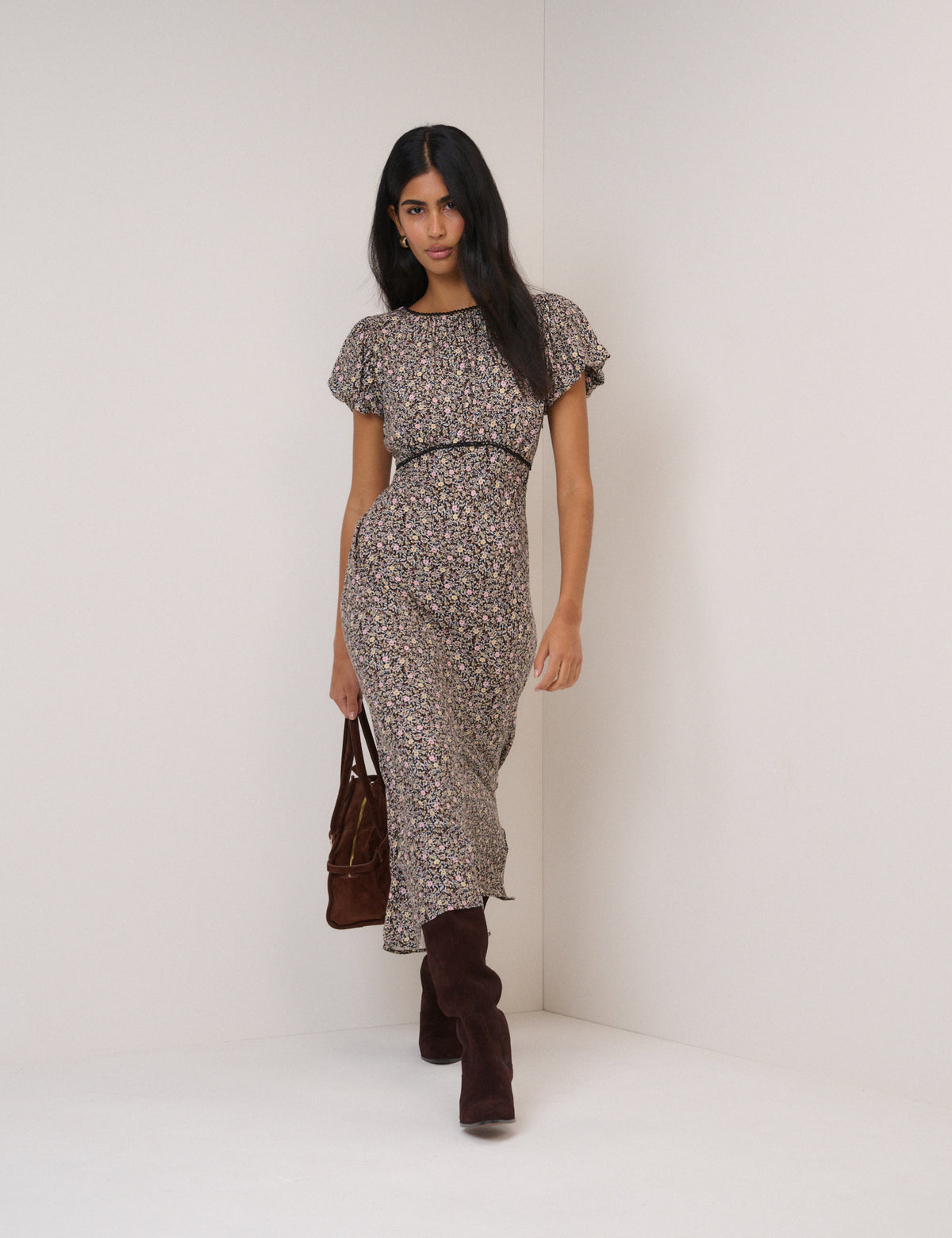 Black Floral Sicily Midi Dress