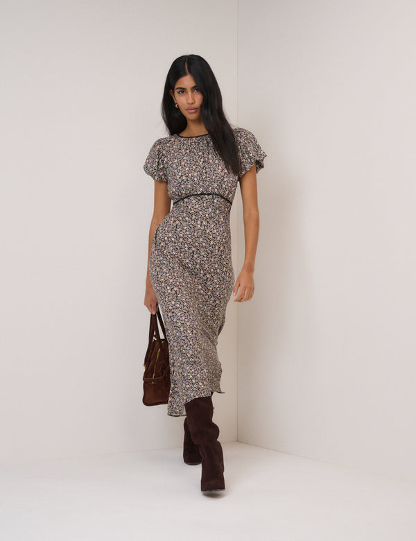 Black Floral Sicily Midi Dress