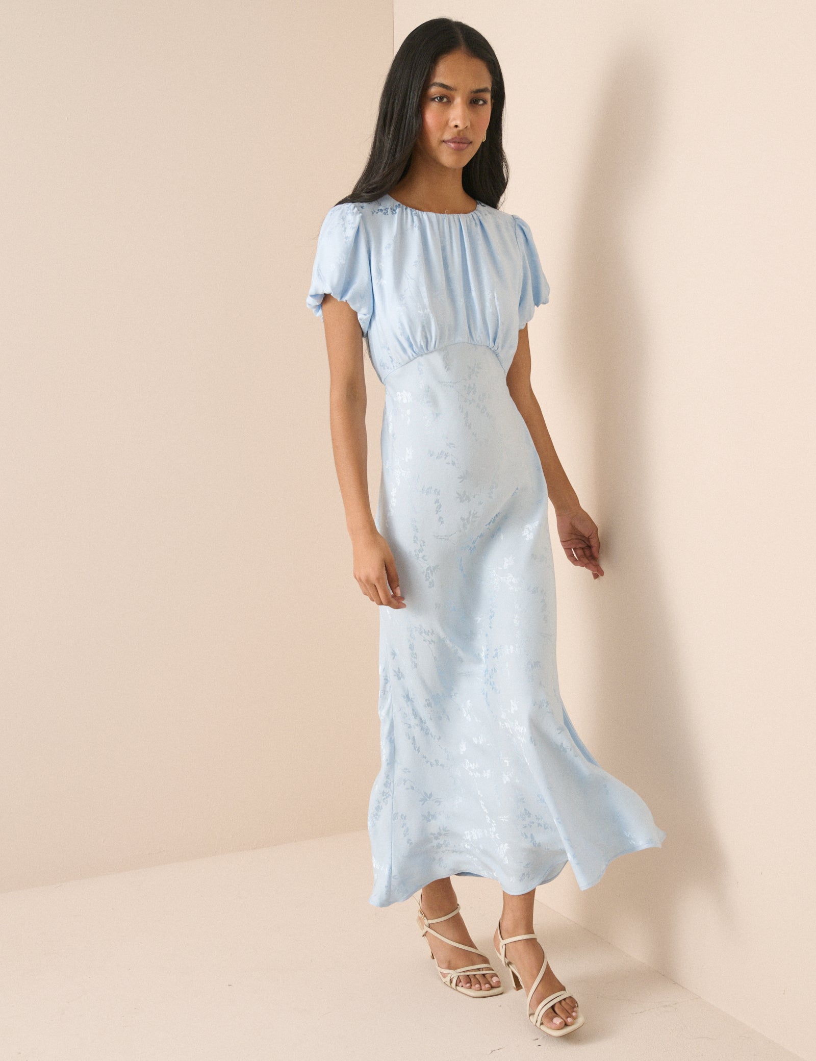 Light Blue Jacquard Florals Sicily Midi Dress