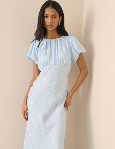 Light Blue Jacquard Florals Sicily Midi Dress