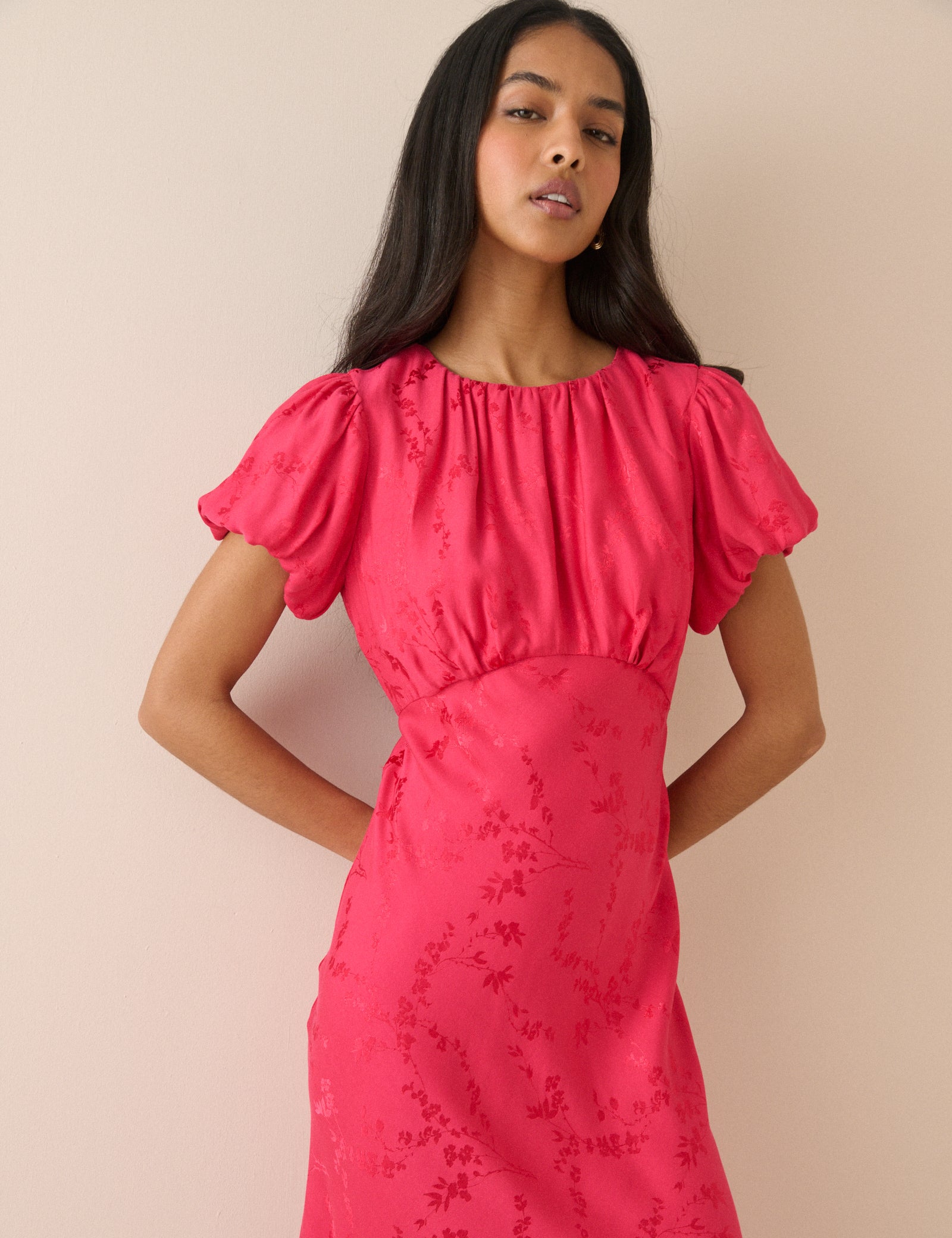 Pink Jacquard Floral Sicily Midi Dress