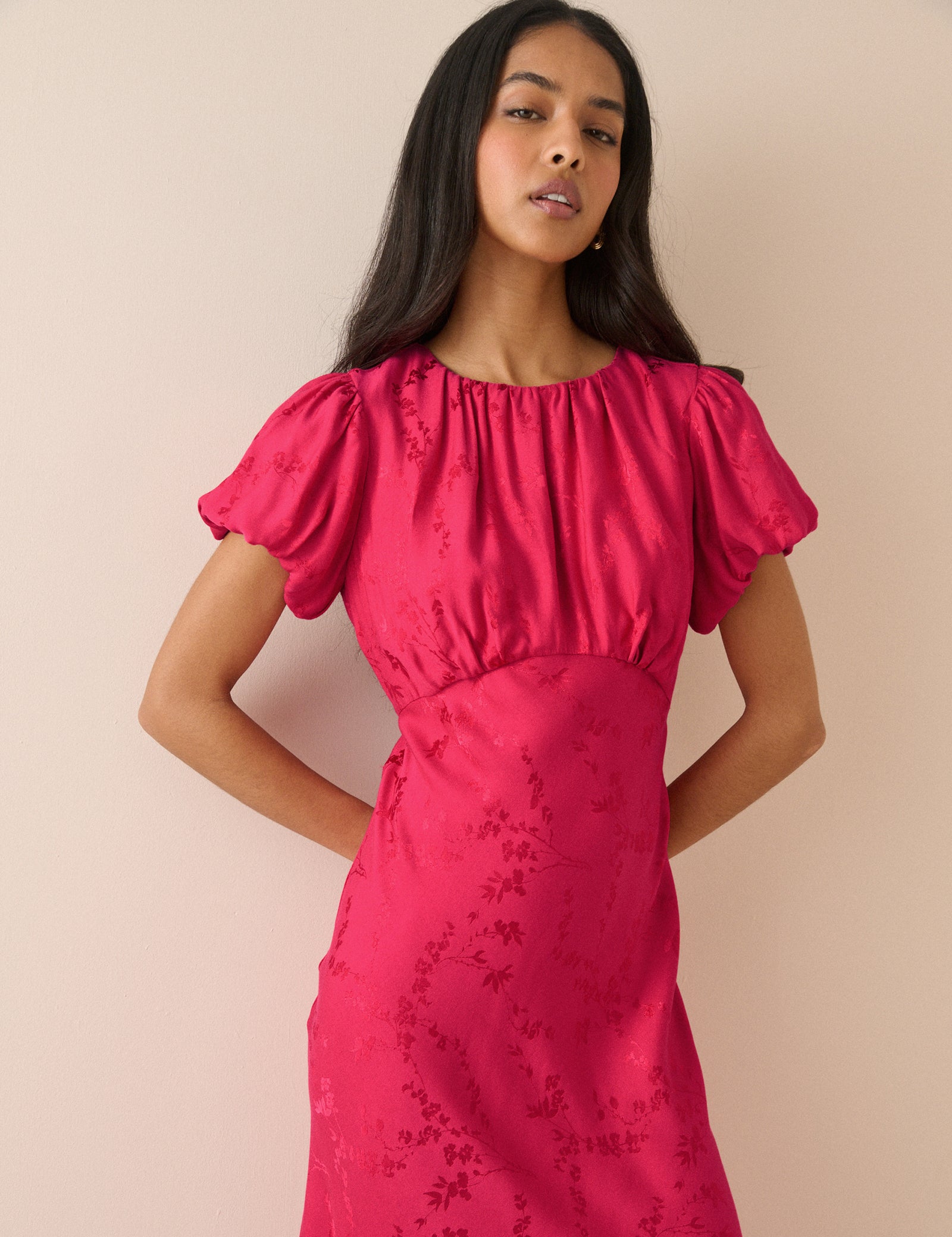 Pink Jacquard Floral Sicily Midi Dress