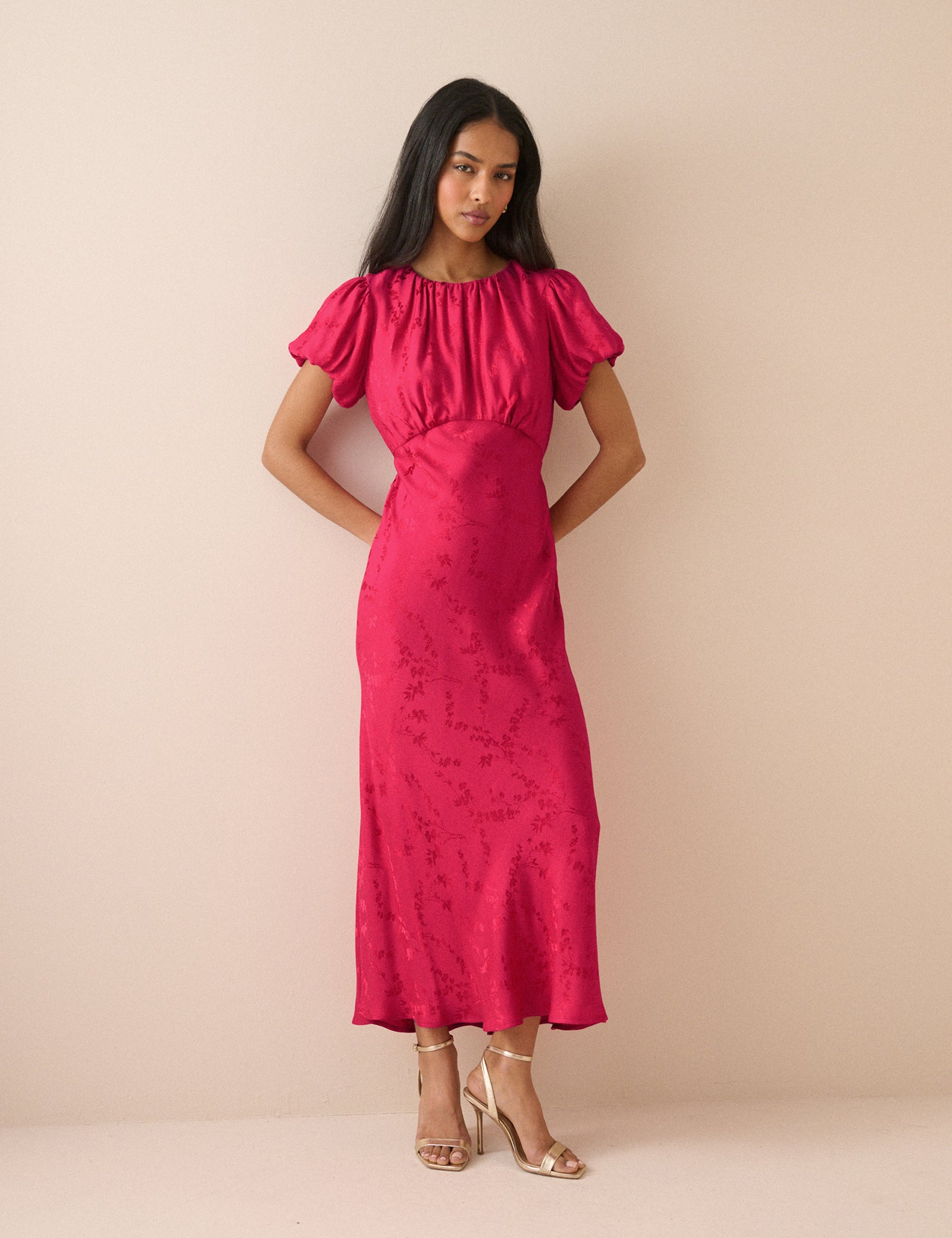 Pink Jacquard Floral Sicily Midi Dress