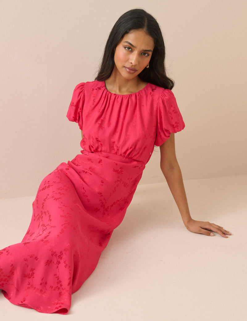 Pink Jacquard Floral Sicily Midi Dress
