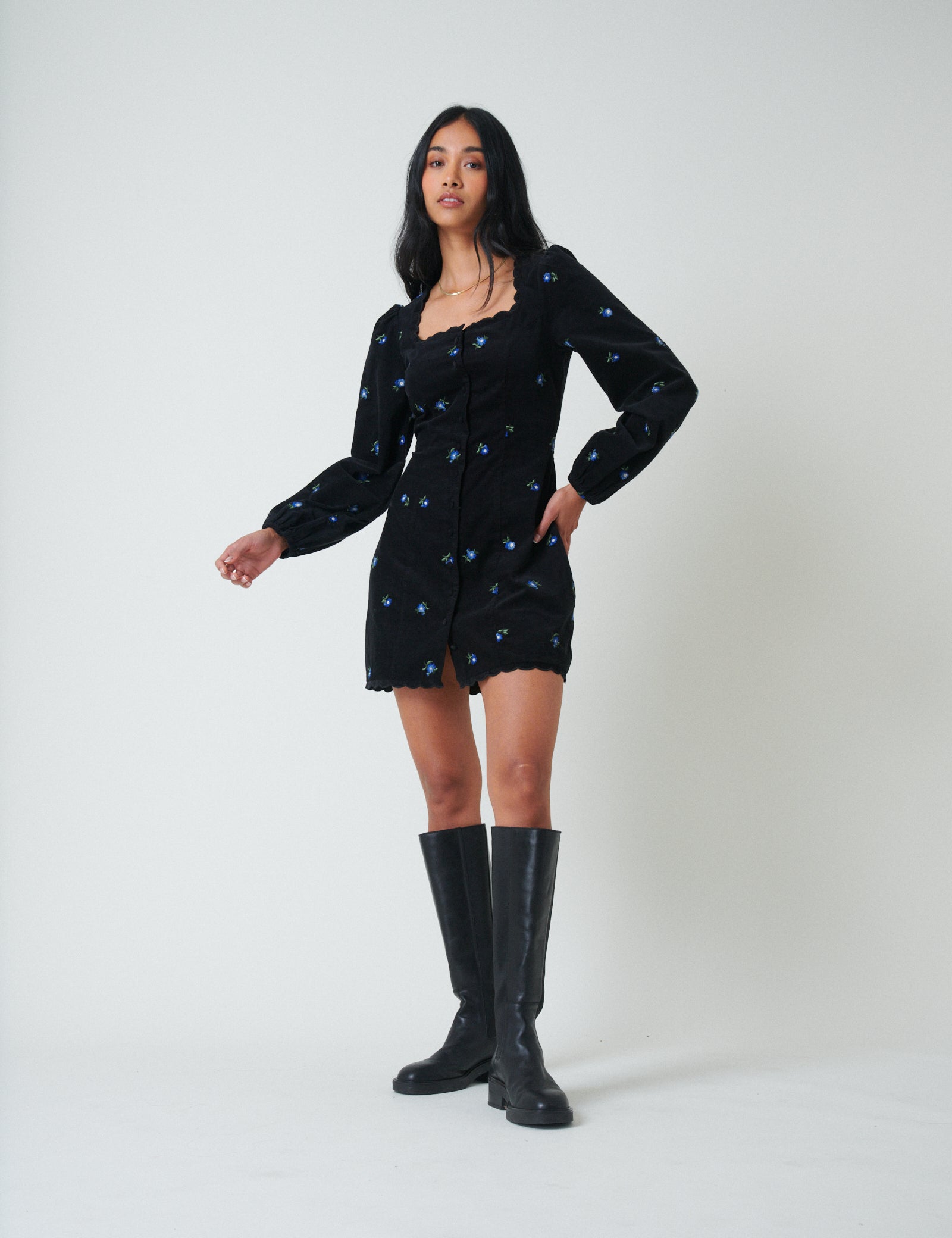 Black Cord Floral Embroidered Memphis Mini Dress Black Cord Floral Embroidered Memphis Mini Dress