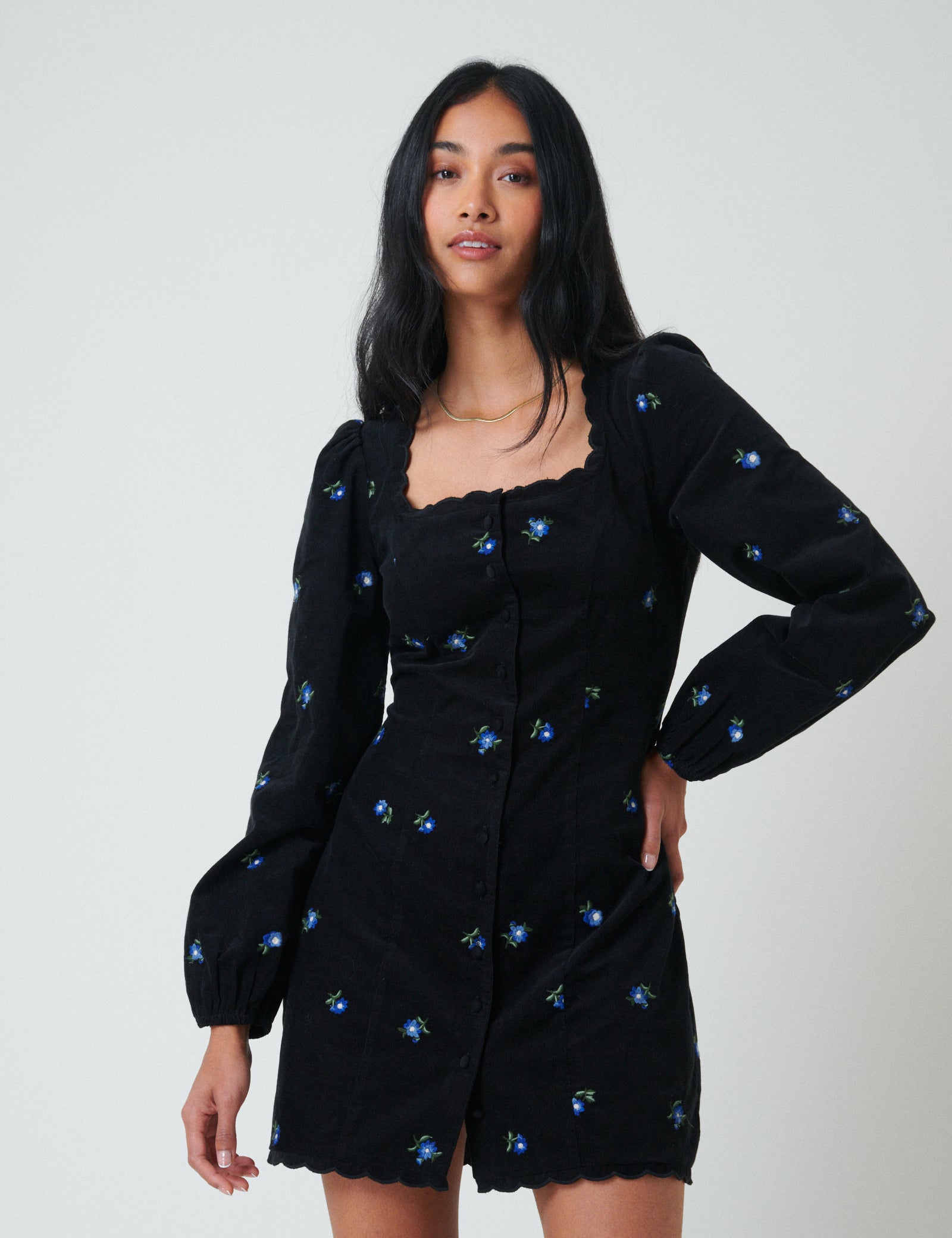 Black Cord Floral Embroidered Memphis Mini Dress