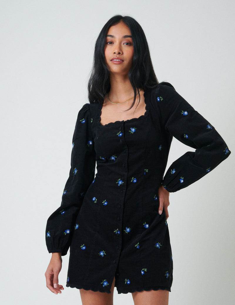 Black Cord Floral Embroidered Memphis Mini Dress