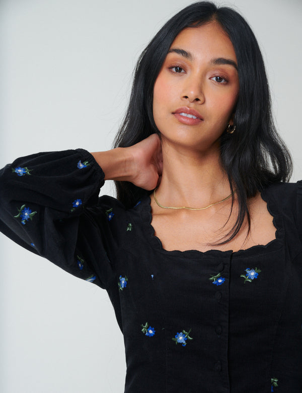 Black Cord Floral Embroidered Memphis Mini Dress