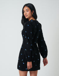 Black Cord Floral Embroidered Memphis Mini Dress
