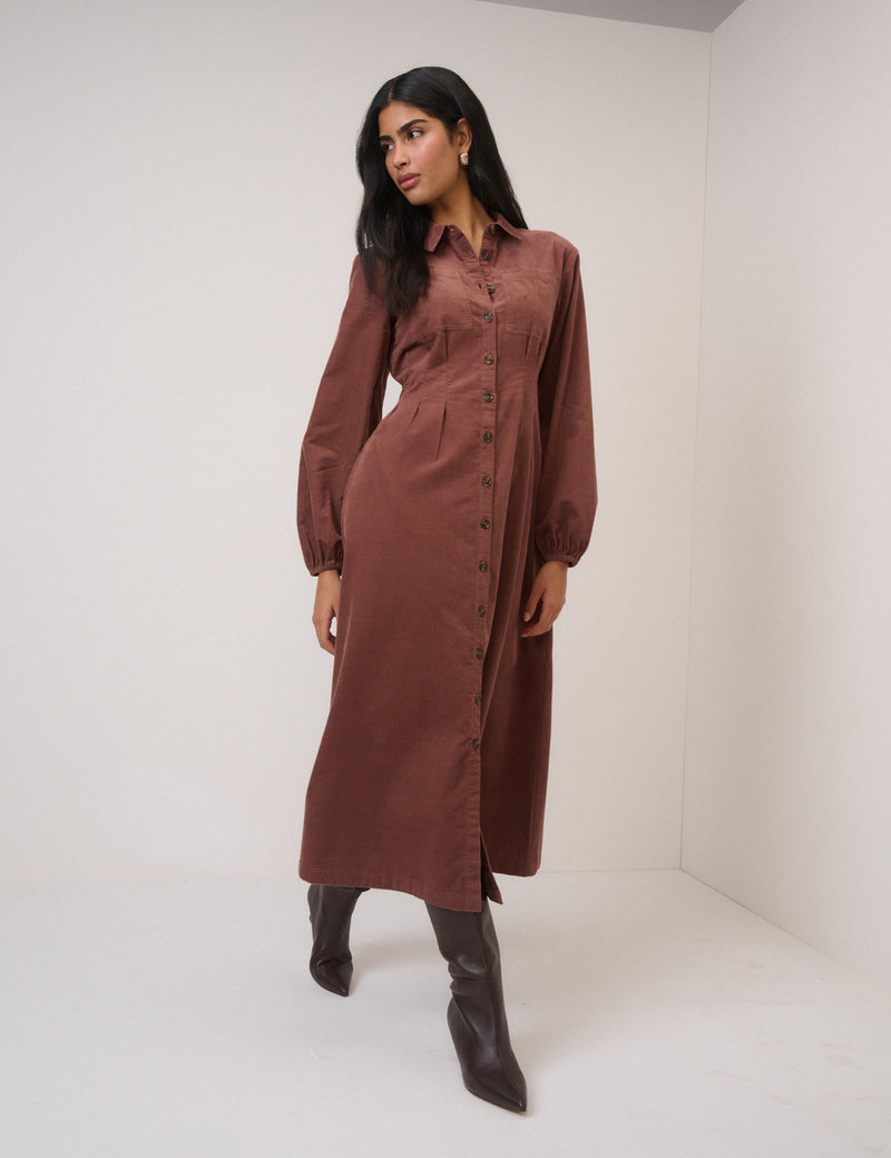 Brown Cord Balloon Sleeve Montego Midi Dress