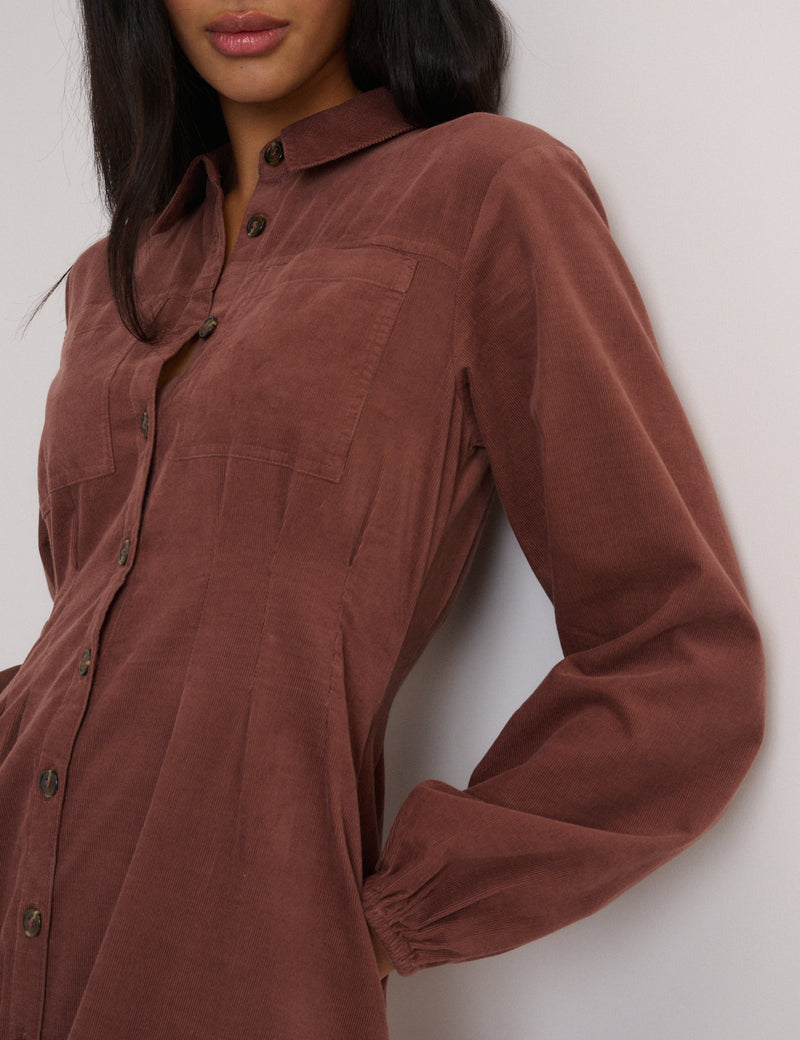 Brown Cord Balloon Sleeve Montego Midi Dress