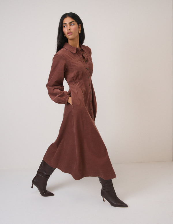 Brown Cord Balloon Sleeve Montego Midi Dress