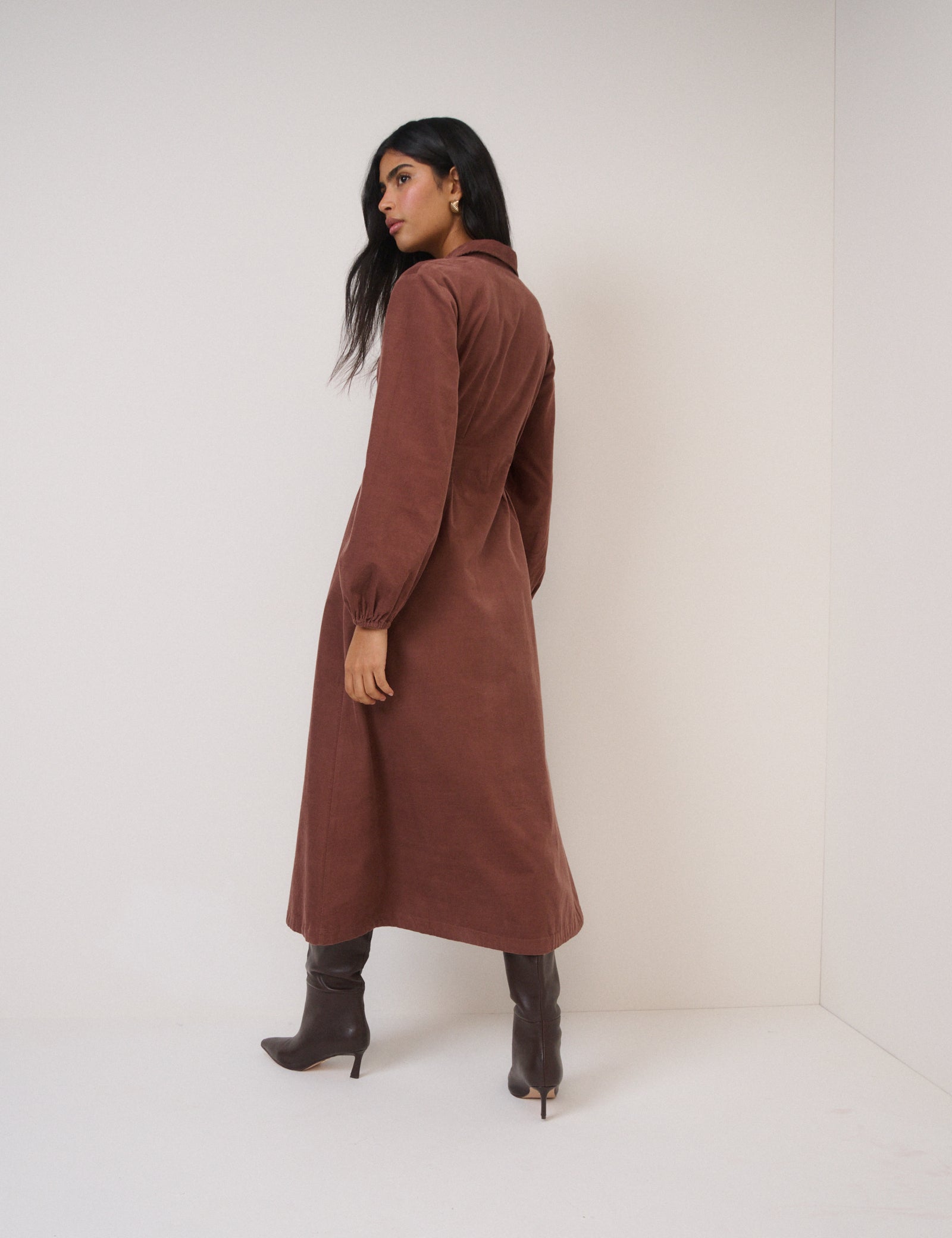 Brown Cord Balloon Sleeve Montego Midi Dress