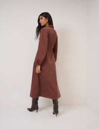 Brown Cord Balloon Sleeve Montego Midi Dress