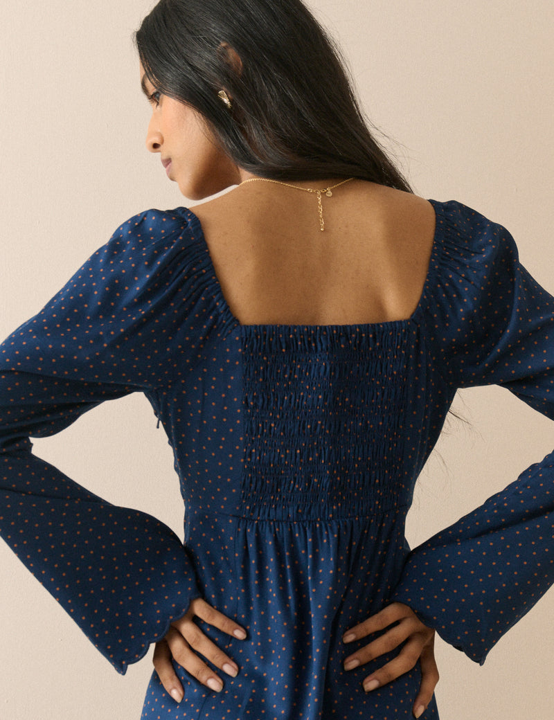 Navy and Orange Polka Dot Lyon Mini Dress