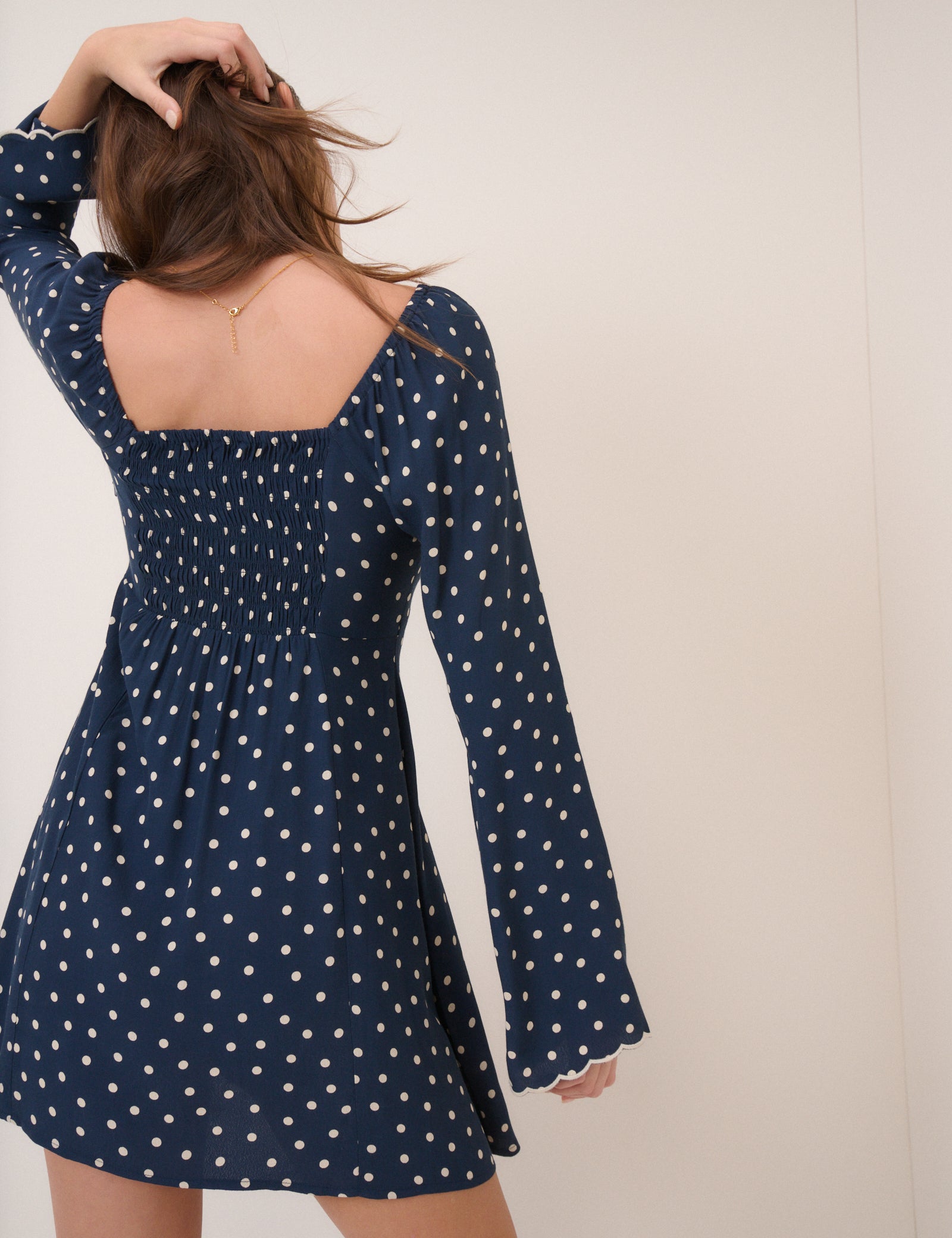 blue polka dot dress with white collar Embroidered Marina Collar Dress