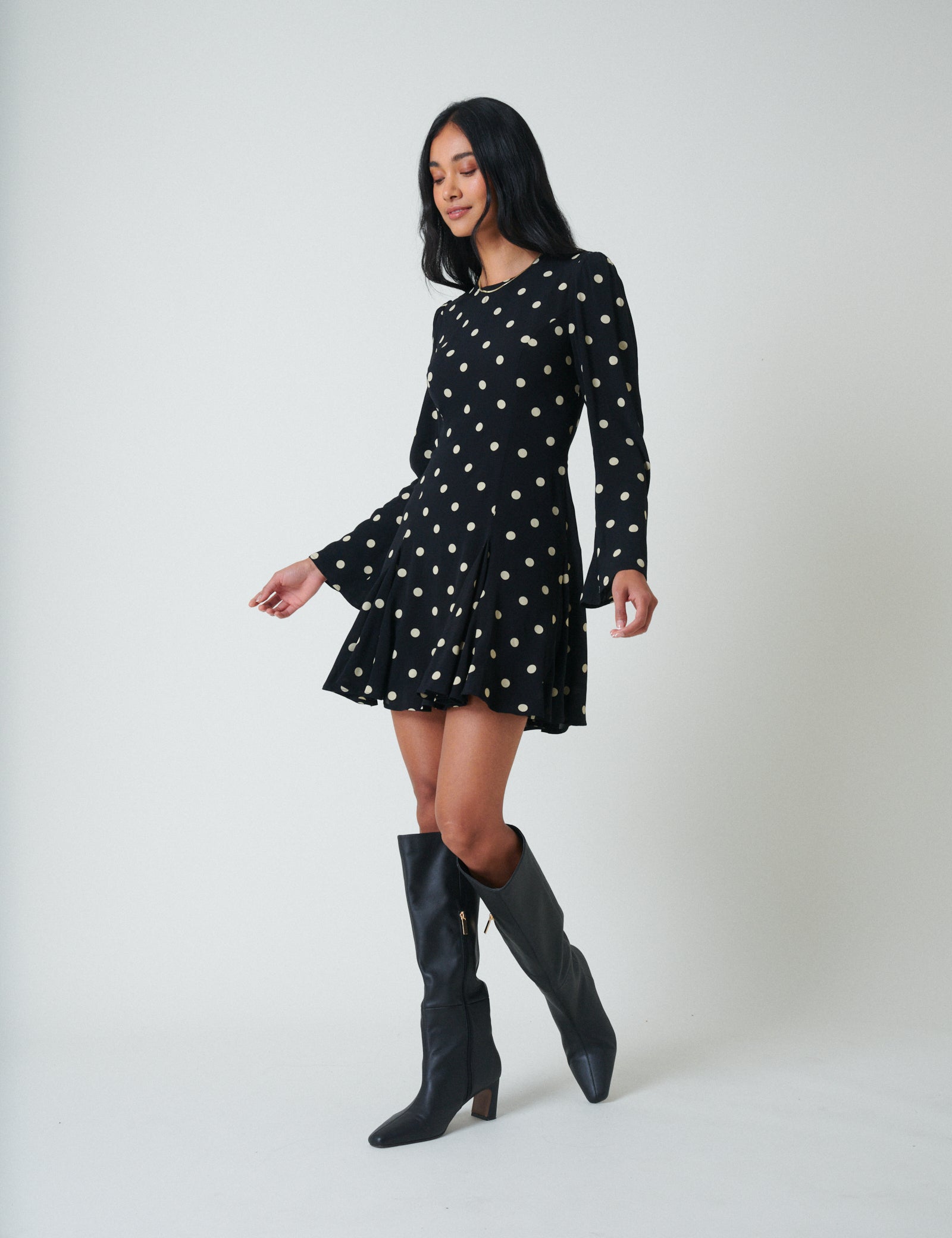 Black Polka Dot Long Sleeve Paris Mini Dress