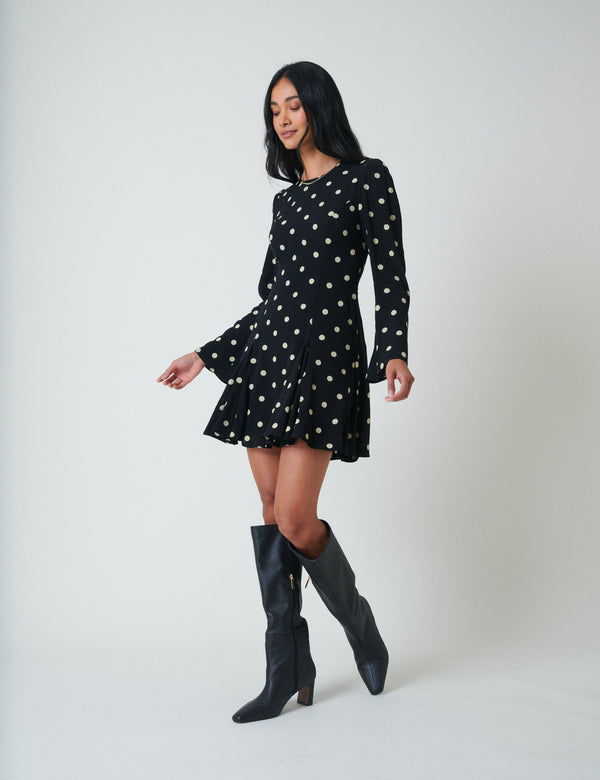 Black Polka Dot Long Sleeve Paris Mini Dress