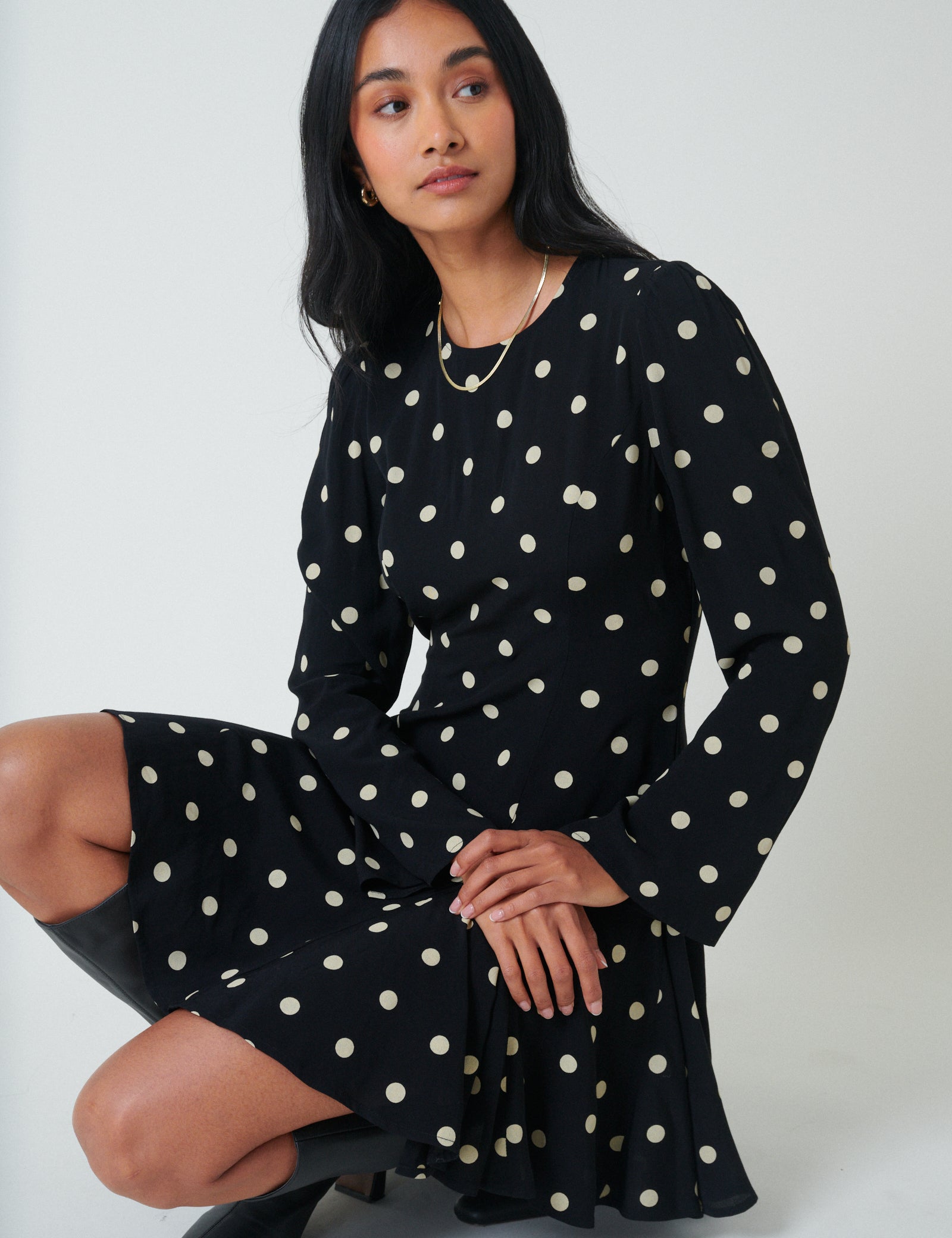 Black Polka Dot Long Sleeve Paris Mini Dress