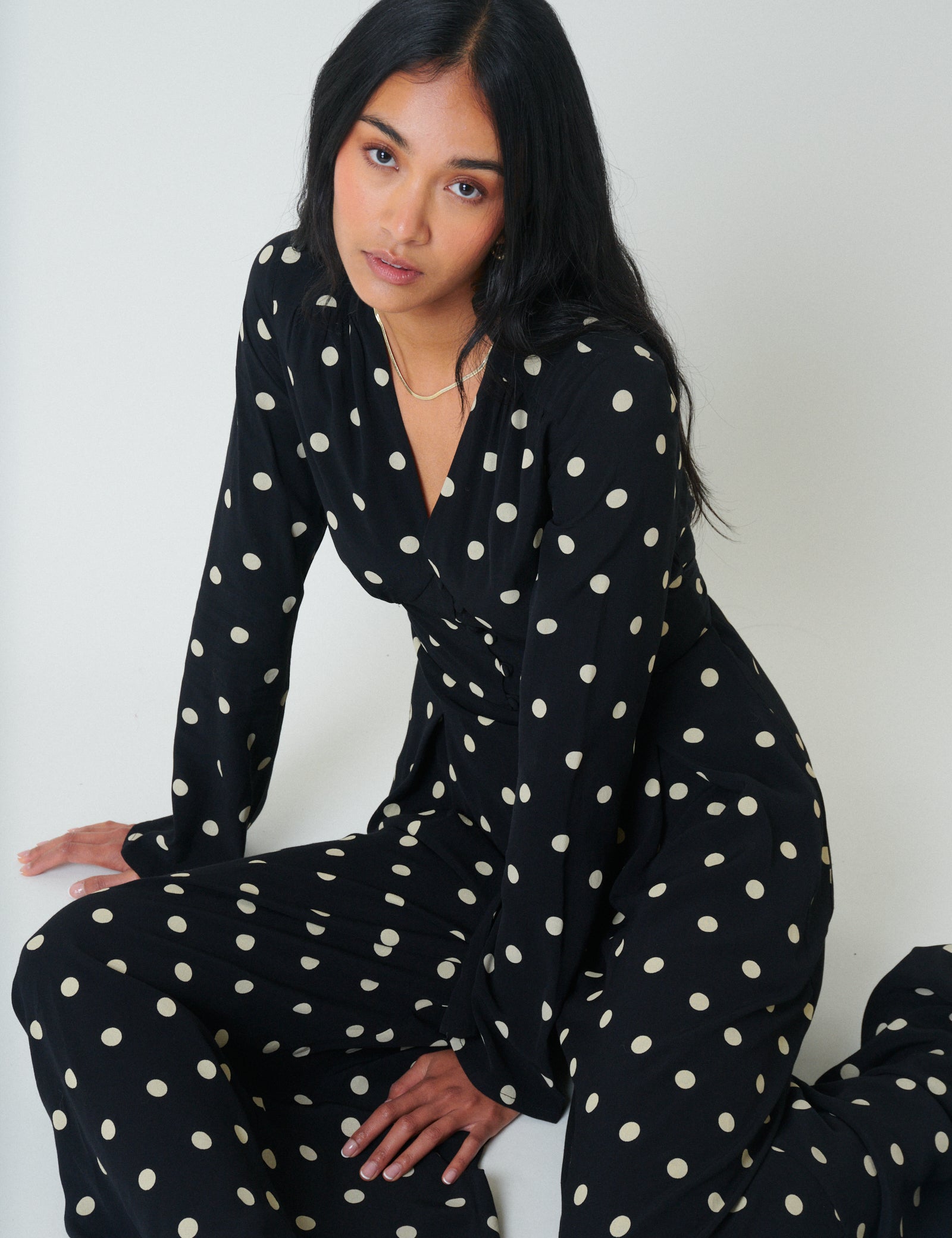 Black Polka Dot Long Sleeve Jumpsuit
