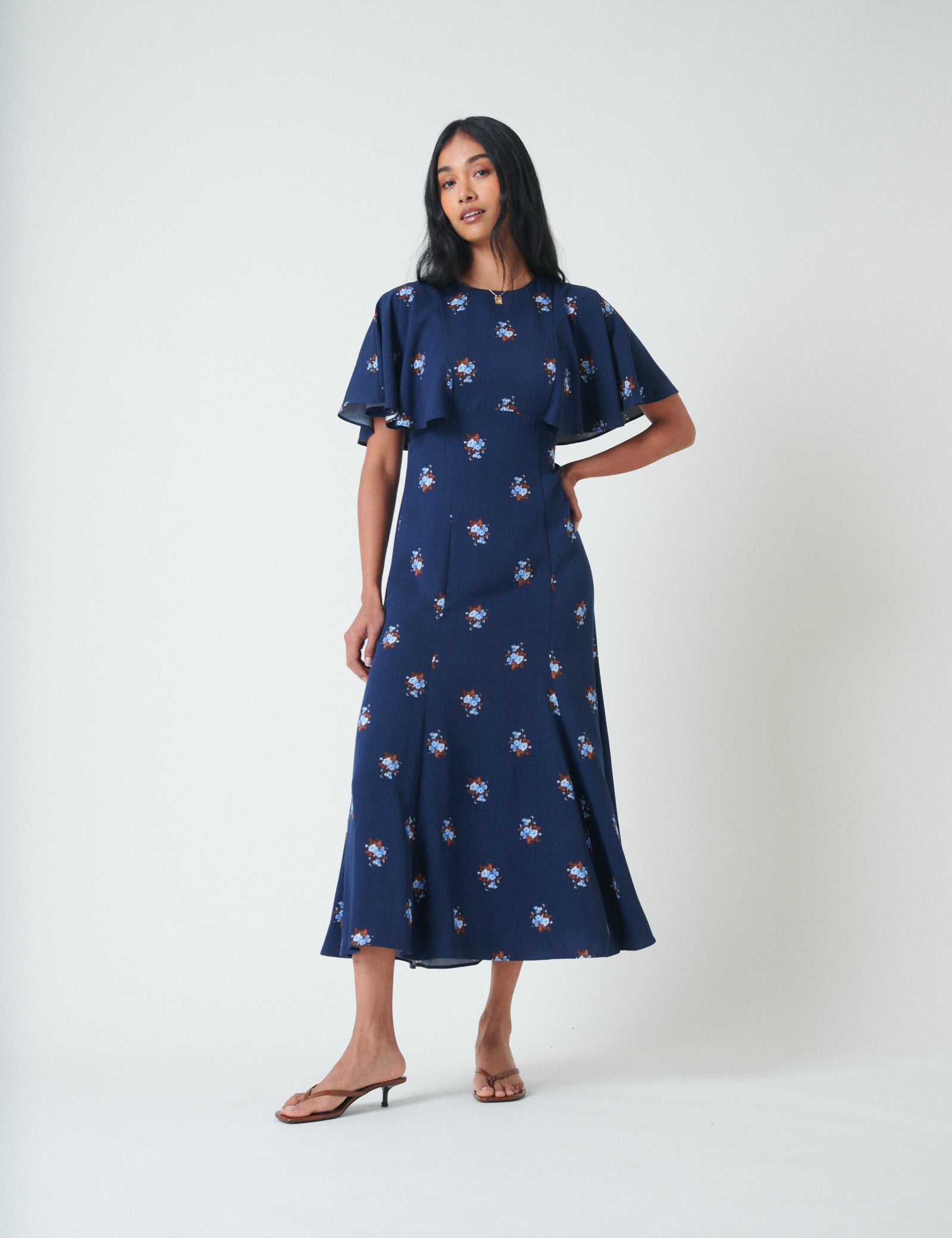 Blue Floral Frill Sleeve Verona Midi Dress