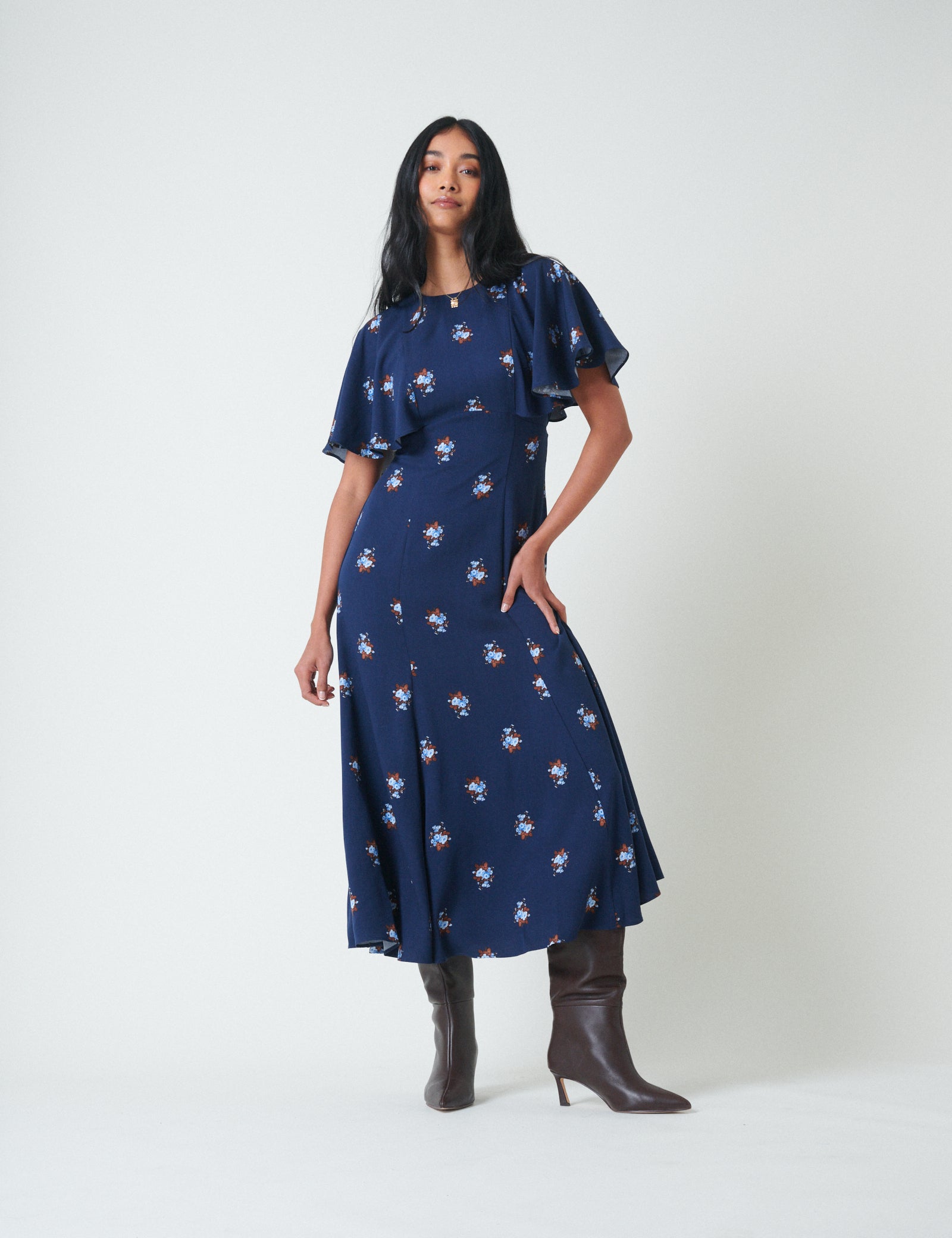 Blue Floral Frill Sleeve Verona Midi Dress Blue Floral Frill Sleeve Verona Midi Dress