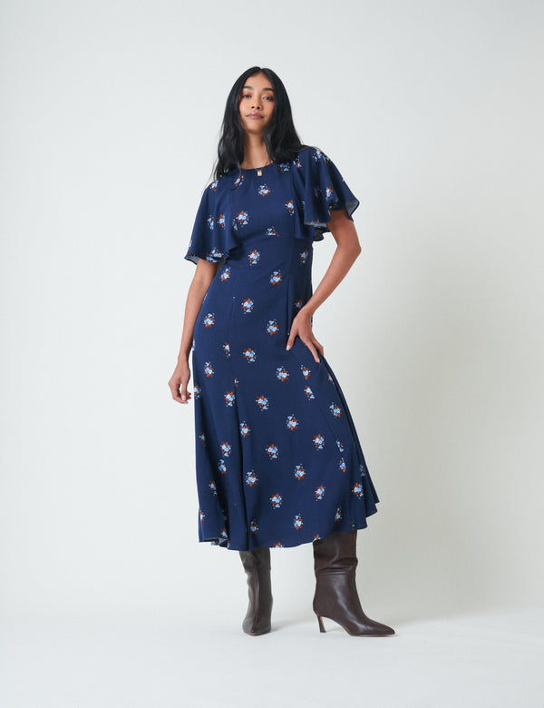 Blue Floral Frill Sleeve Verona Midi Dress