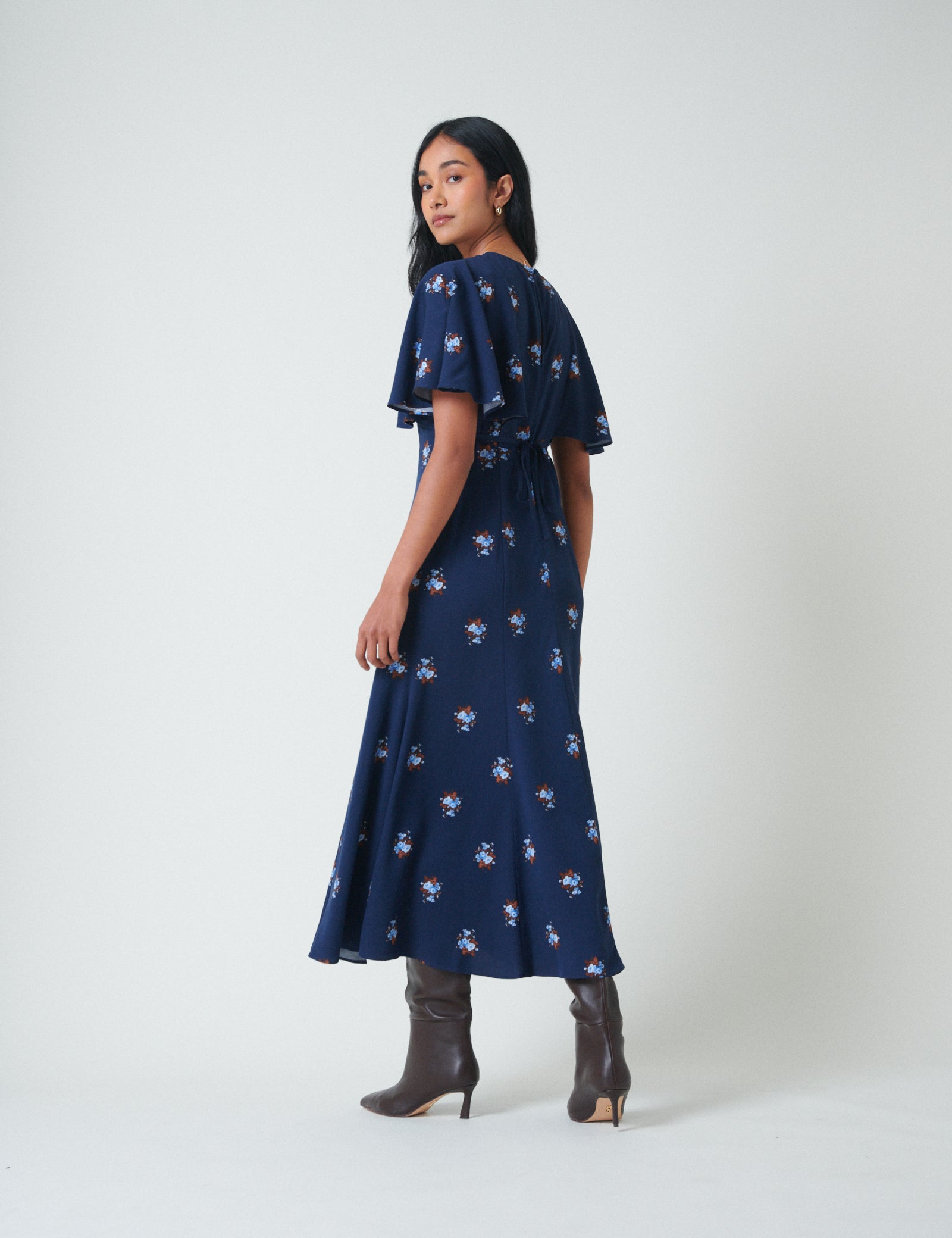 Blue Floral Frill Sleeve Verona Midi Dress