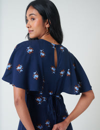 Blue Floral Frill Sleeve Verona Midi Dress