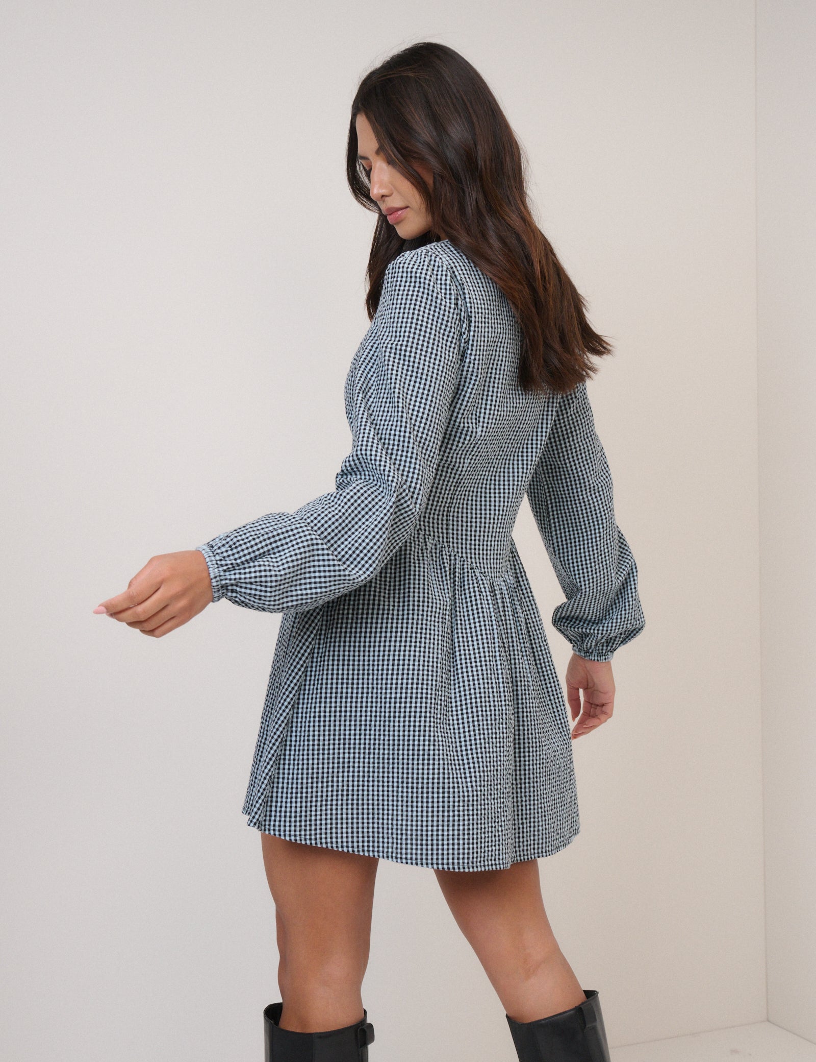 Blue Gingham Balloon Sleeve Mini Dress Blue Gingham Balloon Sleeve Mini Dress