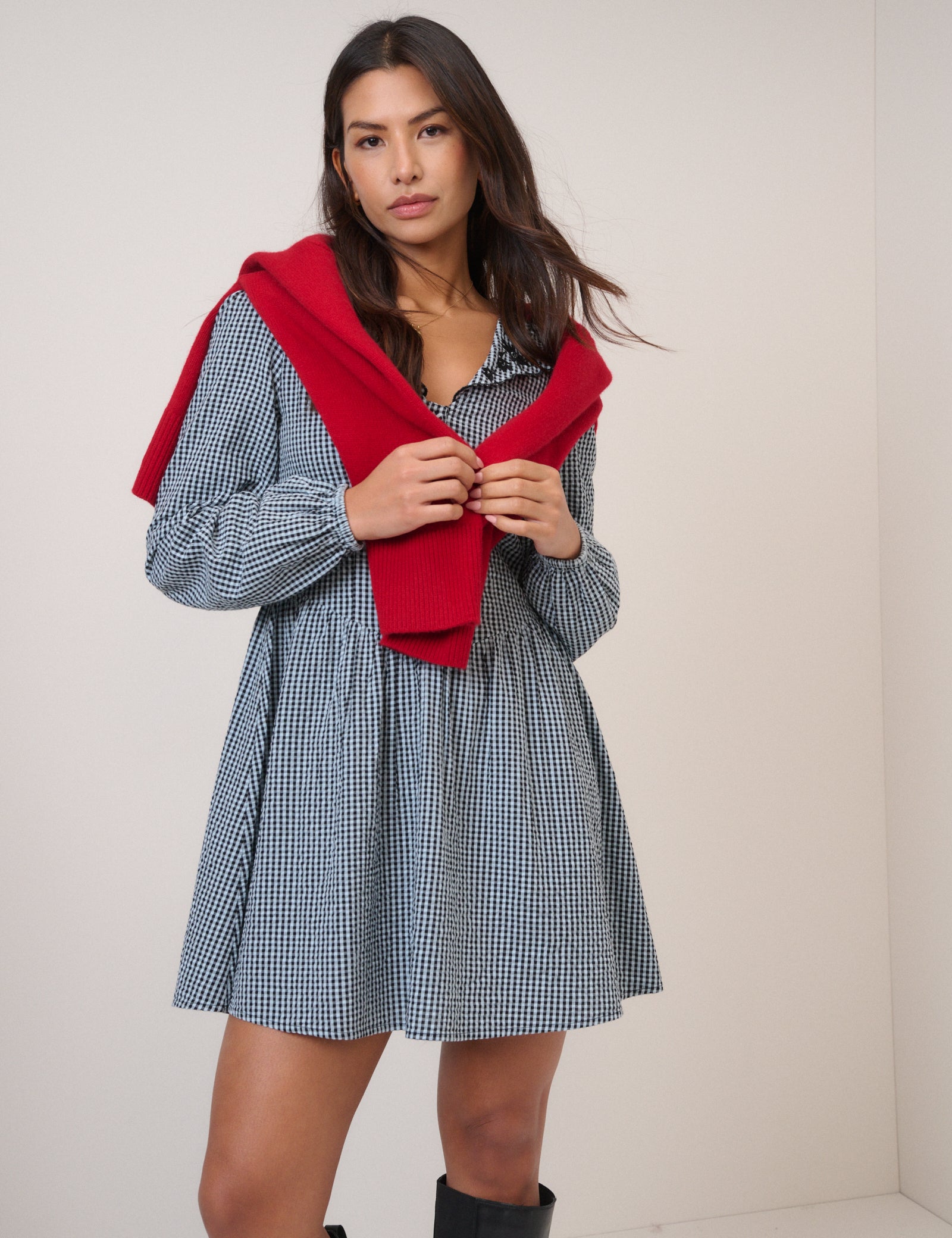 Blue Gingham Balloon Sleeve Mini Dress