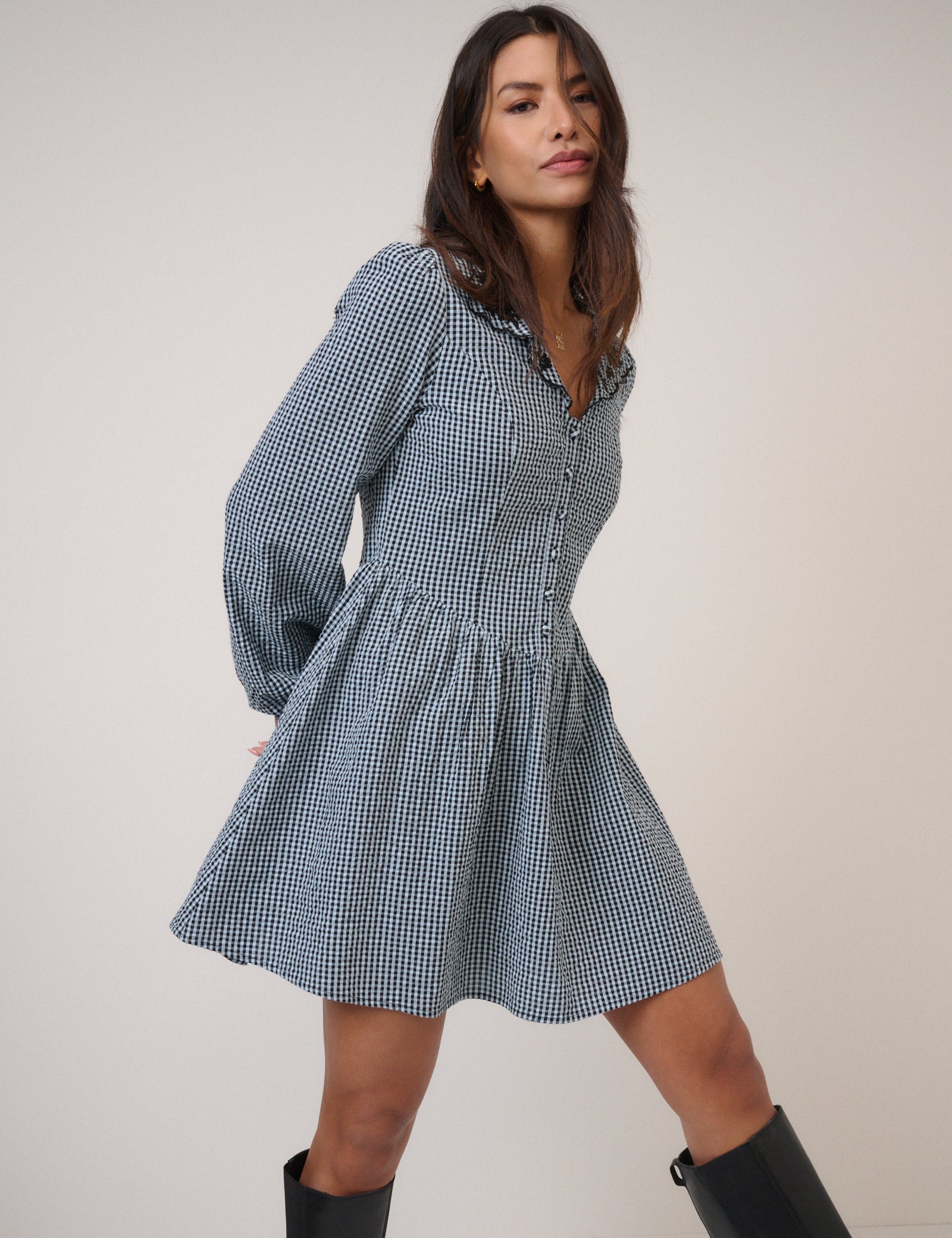 Blue Gingham Balloon Sleeve Mini Dress