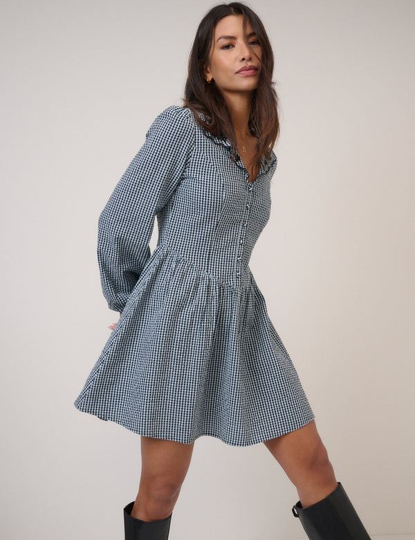 Blue Gingham Balloon Sleeve Mini Dress