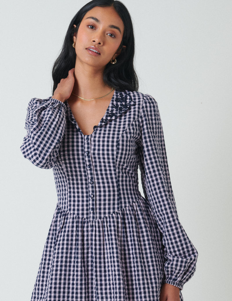 Blue Gingham Floral Collar Sienna Mini Dress