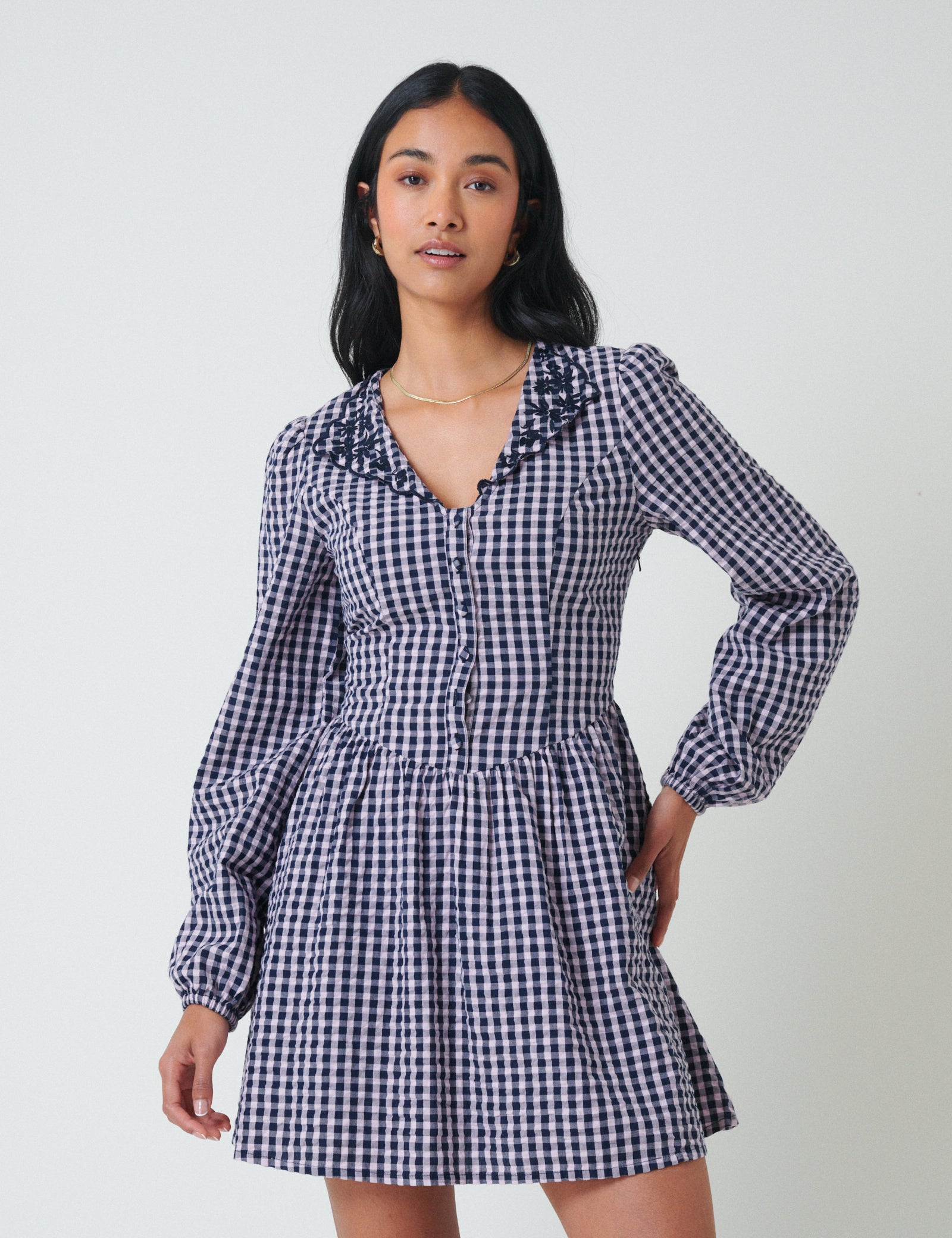 Blue Gingham Floral Collar Sienna Mini Dress