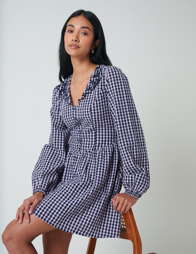 Blue Gingham Floral Collar Sienna Mini Dress