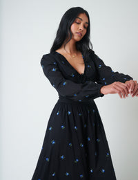 Navy Floral Embroidered Balloon Sleeve Alysia Midi Dress