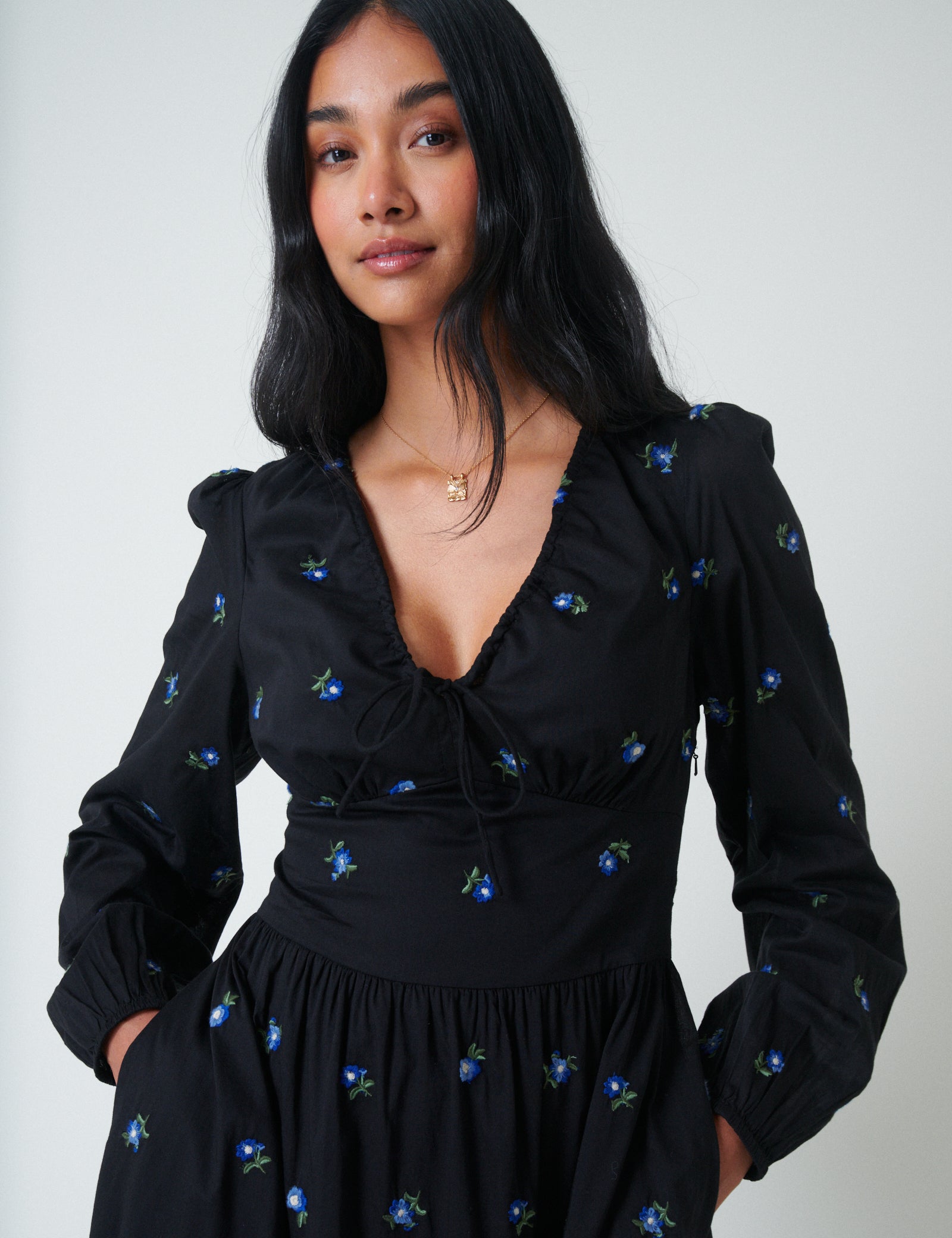 Navy Floral Embroidered Balloon Sleeve Alysia Midi Dress Navy Floral Embroidered Balloon Sleeve Alysia Midi Dress