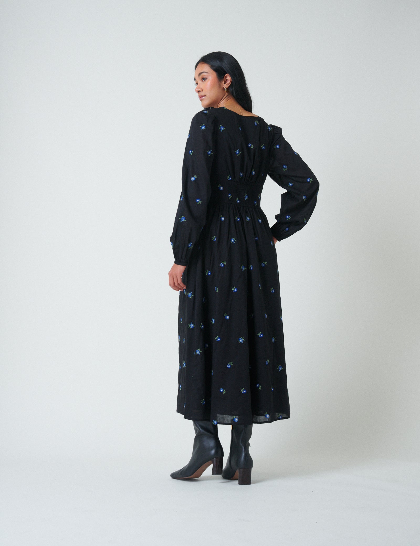 Navy Floral Embroidered Balloon Sleeve Alysia Midi Dress