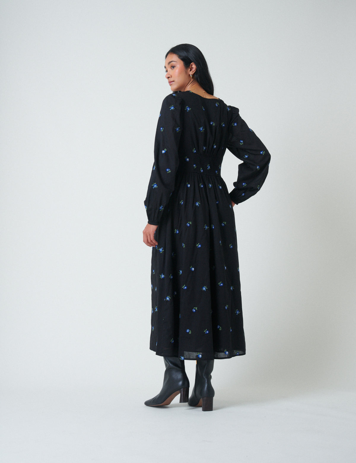 Navy Floral Embroidered Balloon Sleeve Alysia Midi Dress