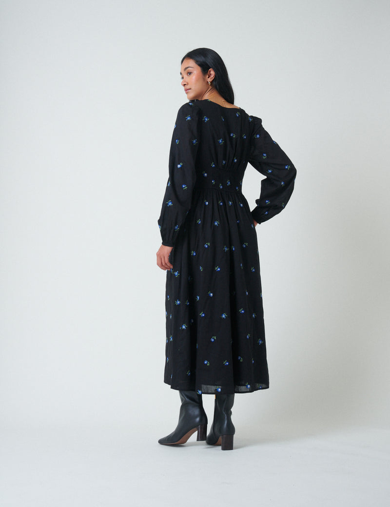 Navy Floral Embroidered Balloon Sleeve Alysia Midi Dress
