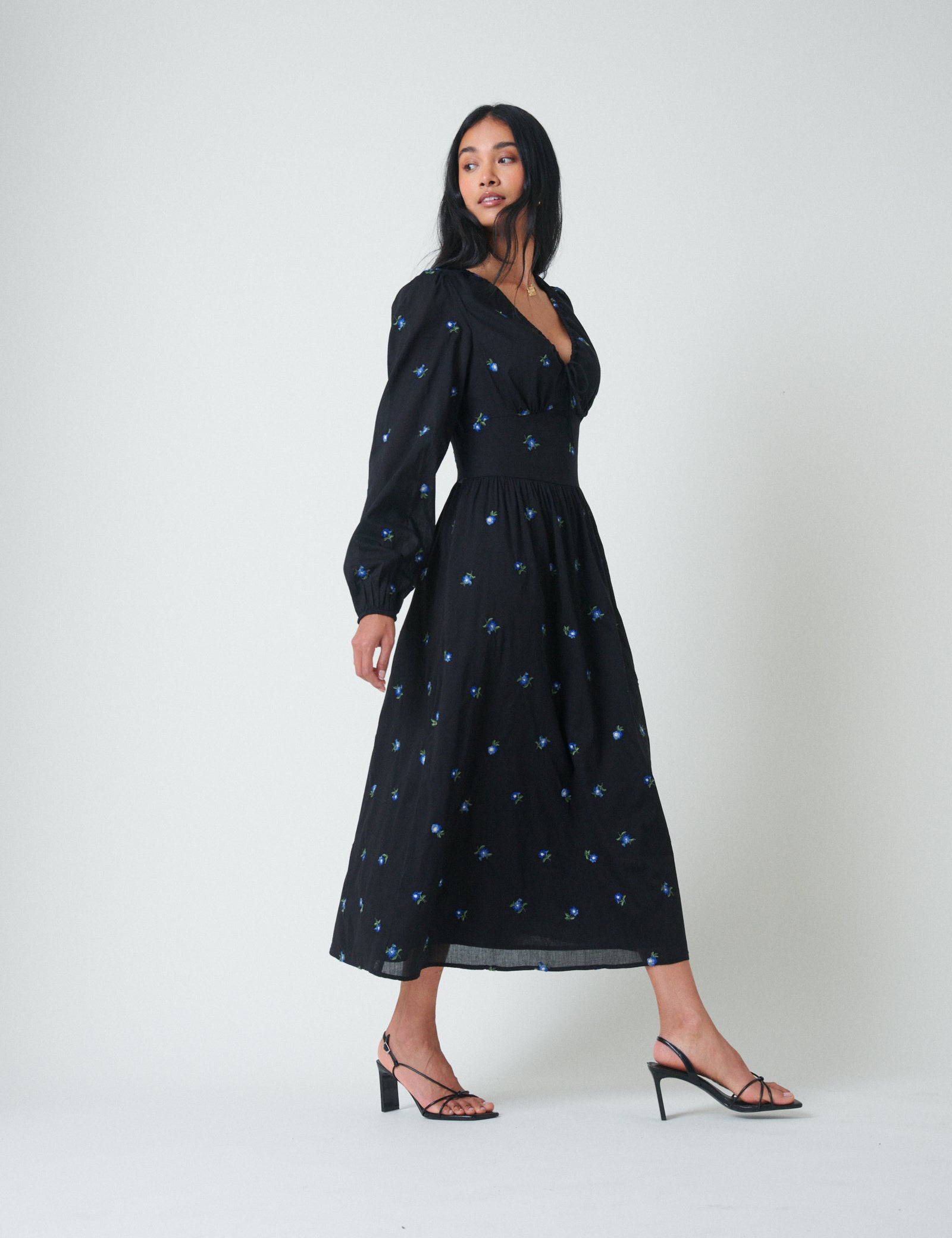 Navy Floral Embroidered Balloon Sleeve Alysia Midi Dress