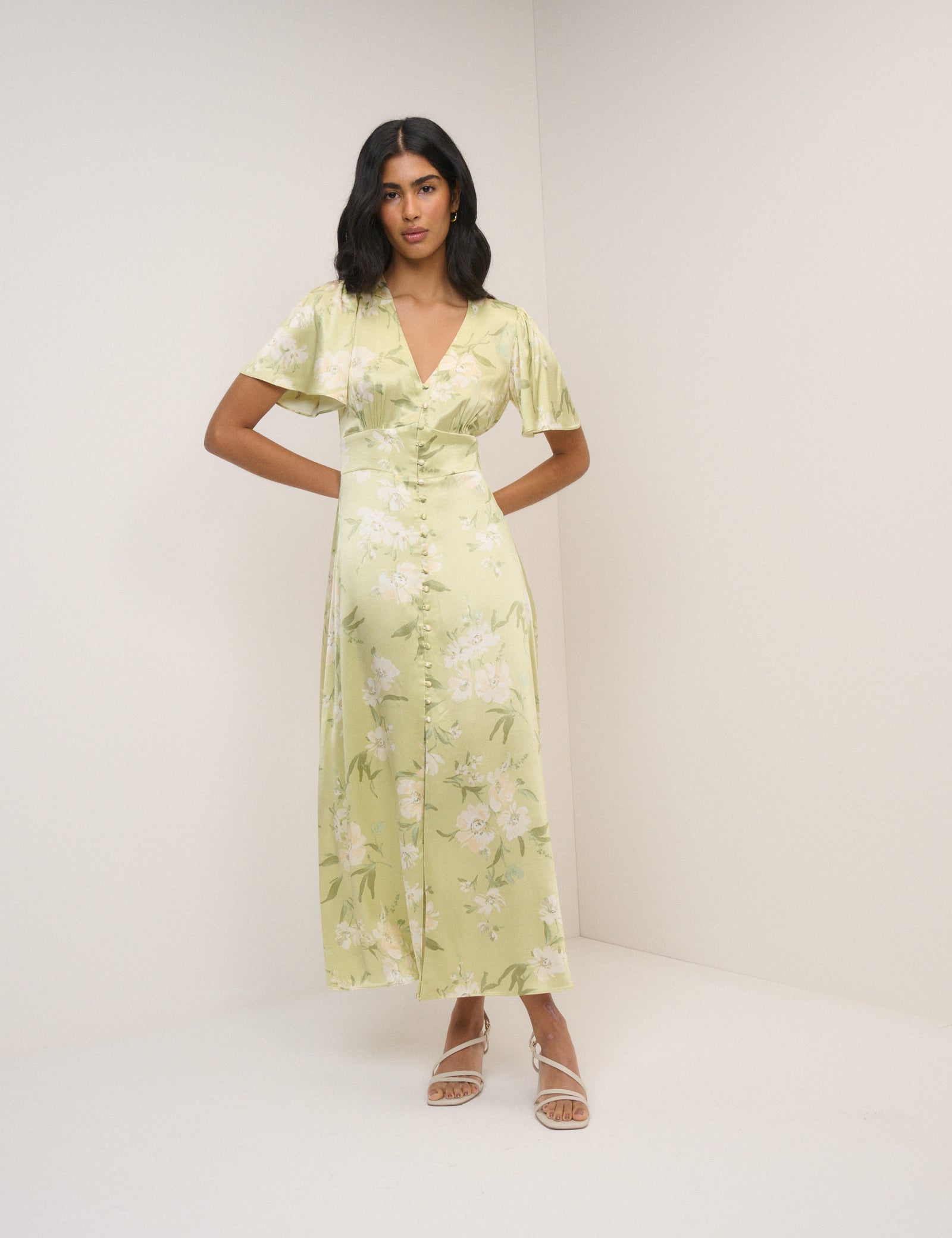 Floral V-Neck Button Front Midaxi Dress