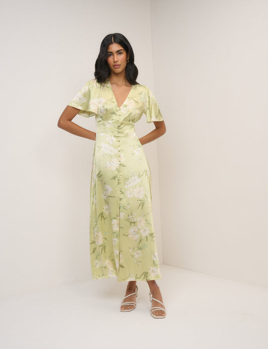 Sage Green Floral Satin Erin Midi Dress