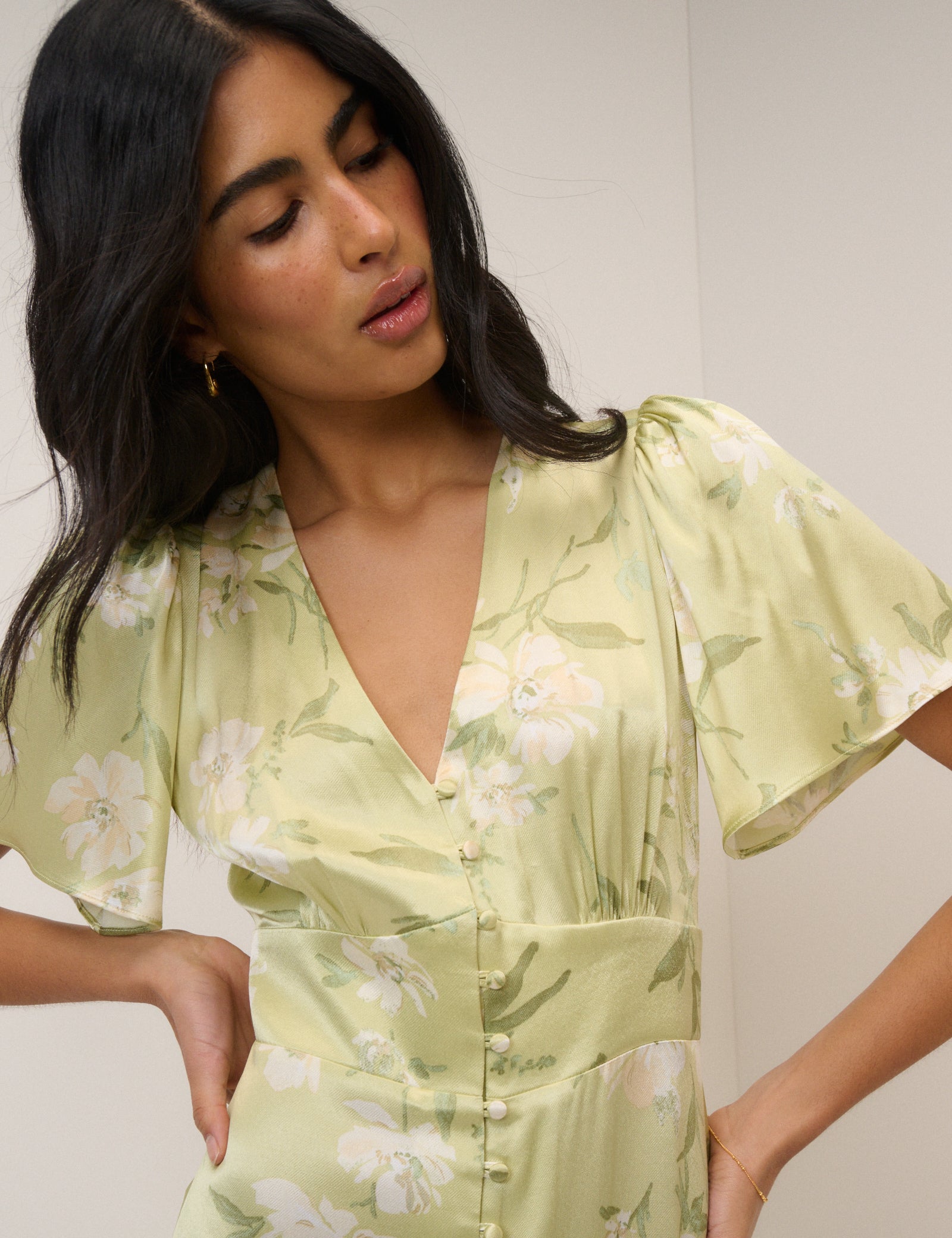 Sage Green Floral Satin Erin Midi Dress Sage Green Floral Satin Erin Midi Dress