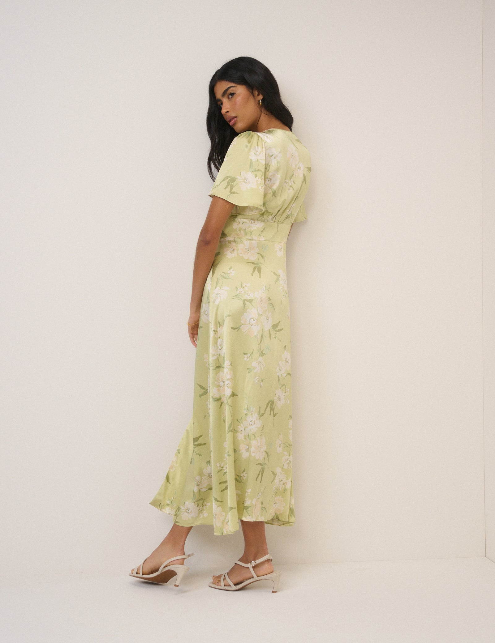 Sage Green Floral Satin Erin Midi Dress Sage Green Floral Satin Erin Midi Dress