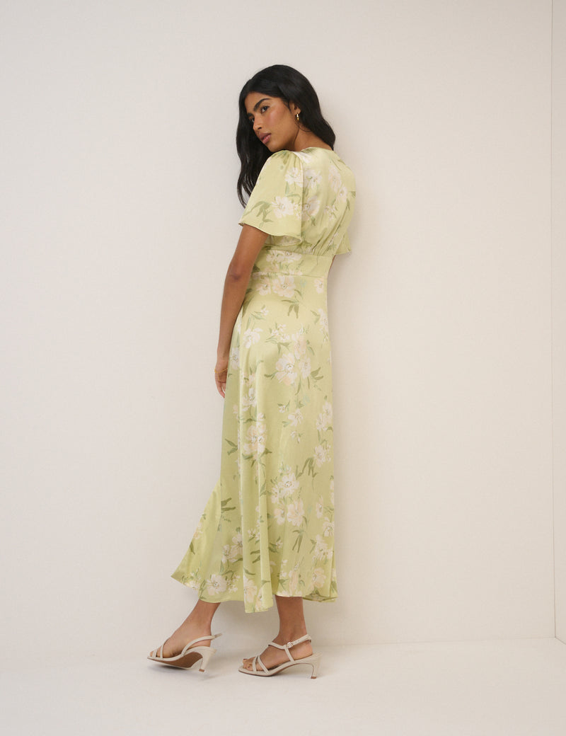 Sage Green Floral Satin Erin Midi Dress