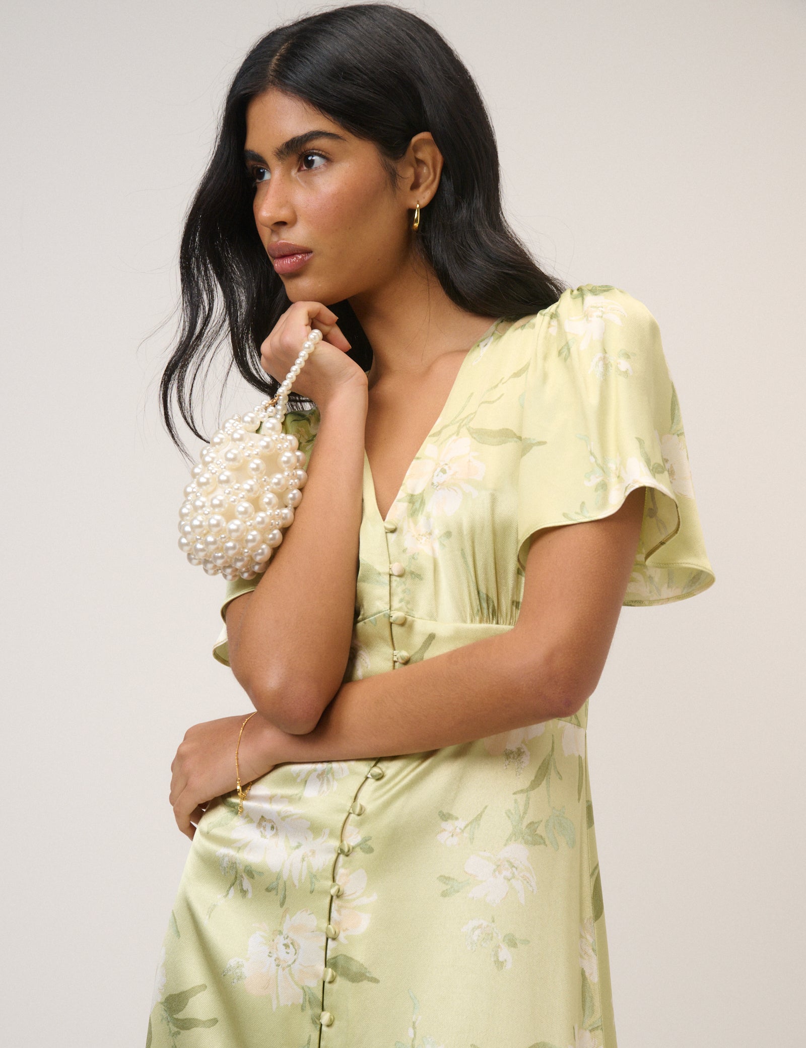 Sage Green Floral Satin Erin Midi Dress Sage Green Floral Satin Erin Midi Dress